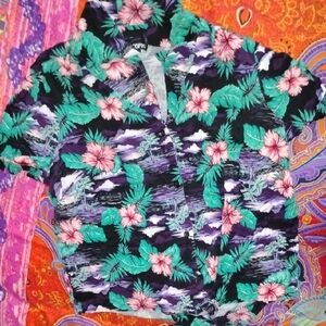 Womens Floral Button Down Shirt - Pink, Green, Black
